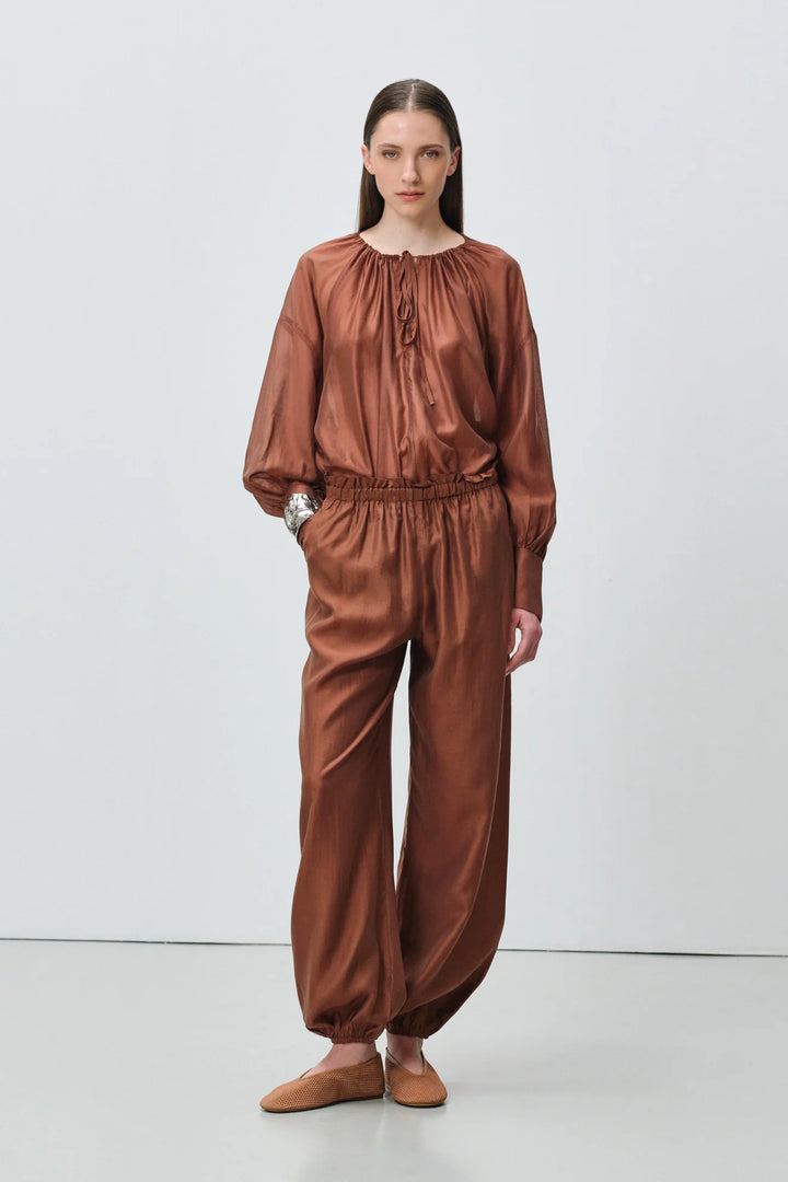 Devotion Twins SATIN brown blouse met ballonmouwen 026.004G