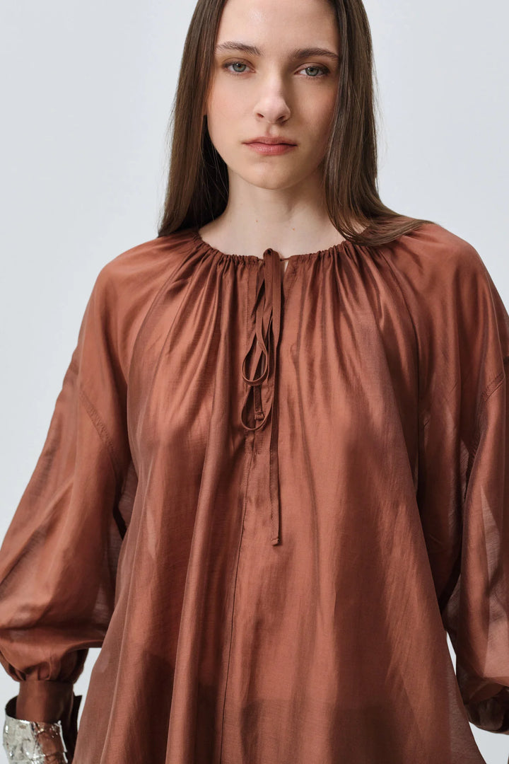 Devotion Twins SATIN brown blouse met ballonmouwen 026.004G