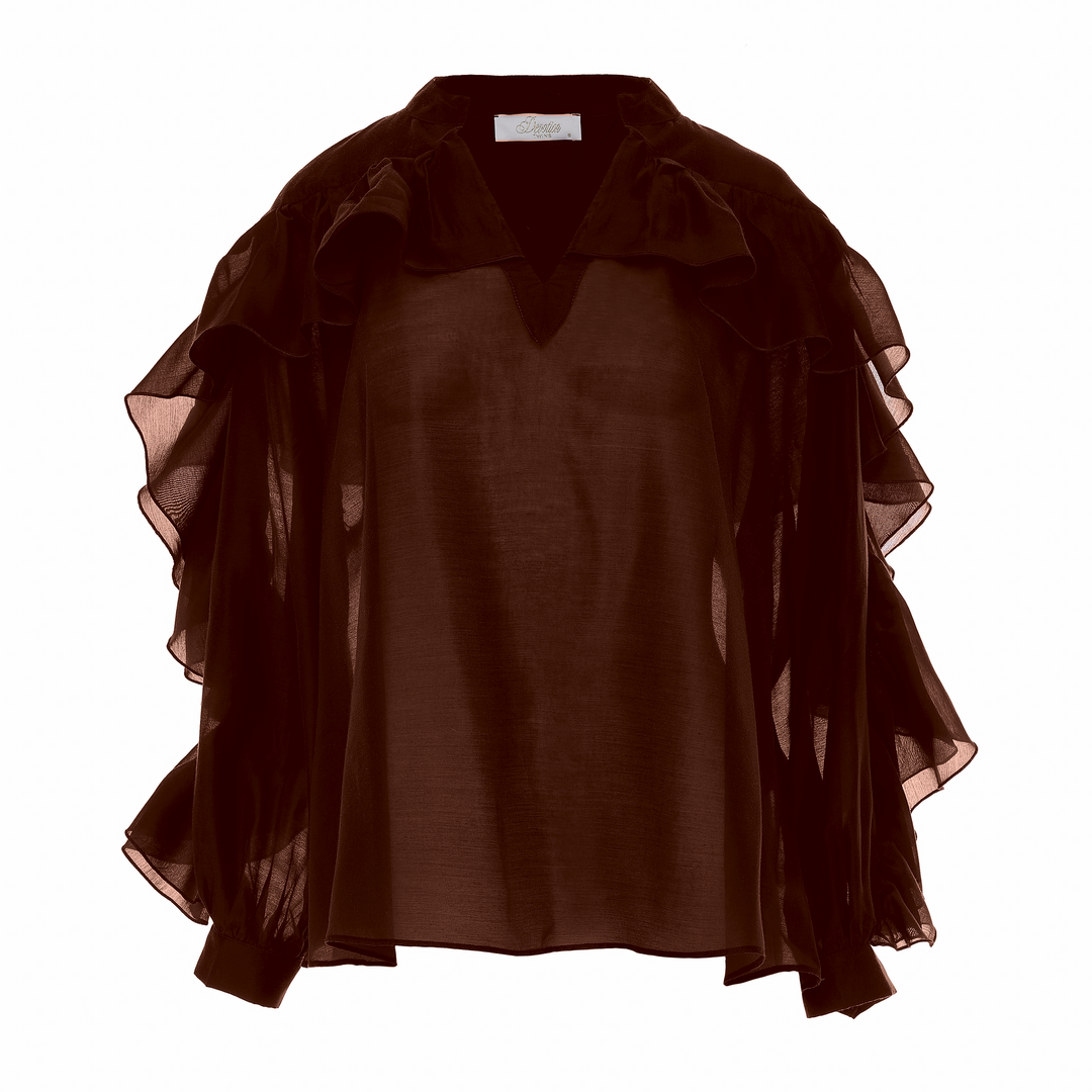 Devotion Twins SUEDE brown blouse met ruches 026.008G